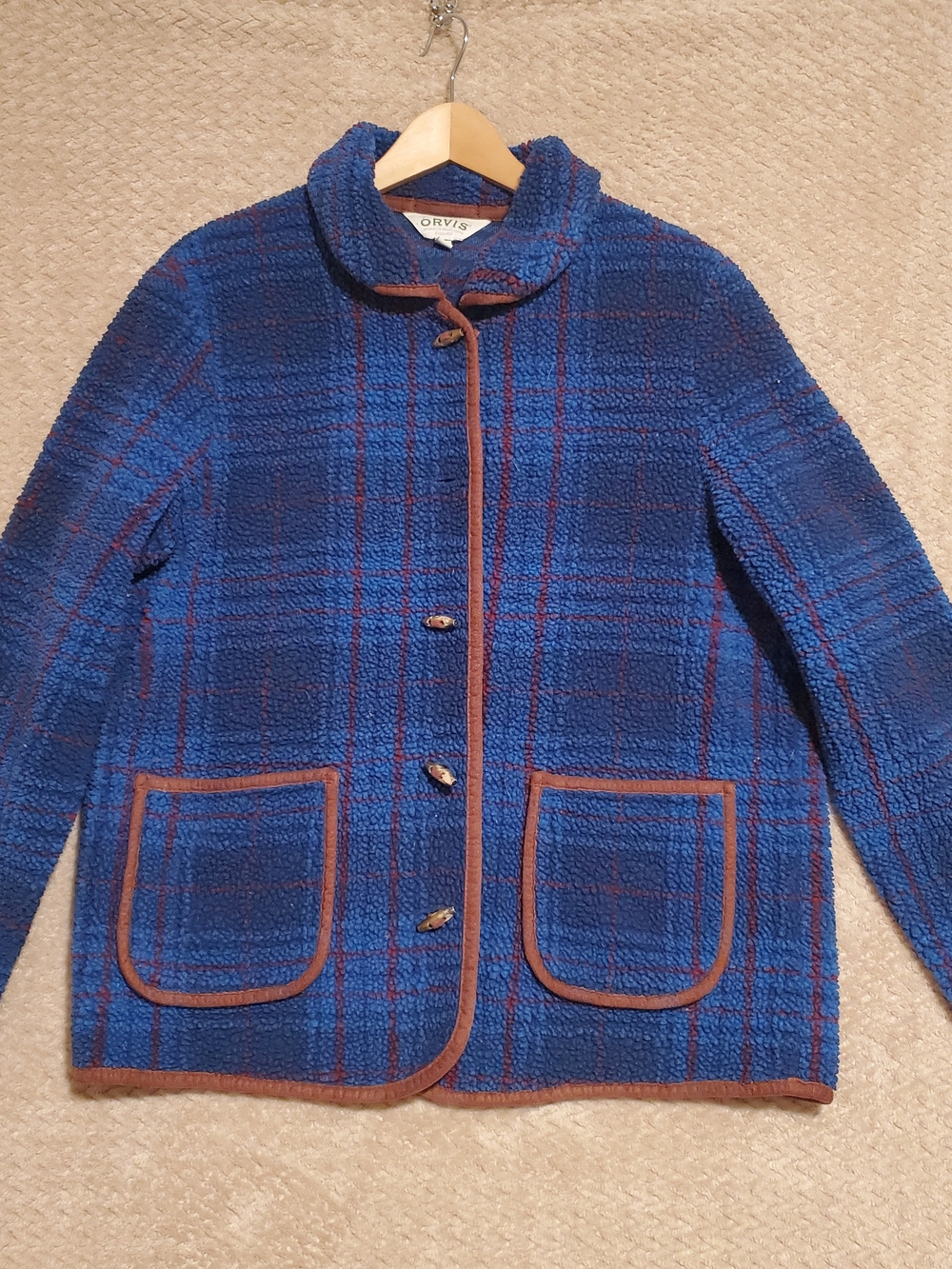 Orvis Blue Plaid Teddy Sherpa Jacket with Brown Trim